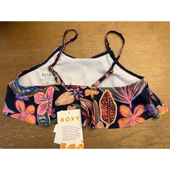 NWT Roxy Girls' Paradise Trip Flutter Floral Swim Top Size 10 Black - Picture 5 of 9